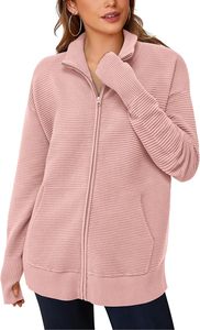 <b>Womens</b> Fall 2026 Ribbed Knit <b>Zip</b>-<b>Up</b> <b>Cardigan</b> Sweater with Thumb Holes and Collar Long Sleeve Jacket - Product Image 2