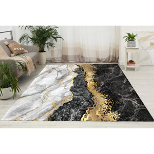 Black Marble Printed Rug: Entry Rugs, Black And <b>Gold</b> Marble, Shimmery Design,Luxury Velvet Rug - Product Image 5