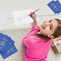 Carnet de passeport vierge, carnet de passeport bleu, faux passeport, journal de voyage, collection d'autocollants, cartes pour projets scolaires pour enfants