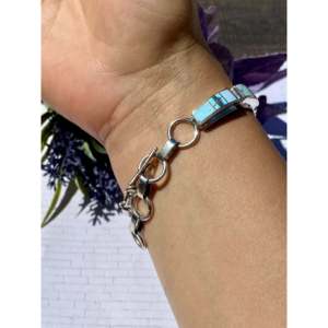 Stanley Manygoats Pulsera de eslabones con incrustaciones de turquesa Natural Golden Hill y plata de ley, pulseras de moda - Product Image 3