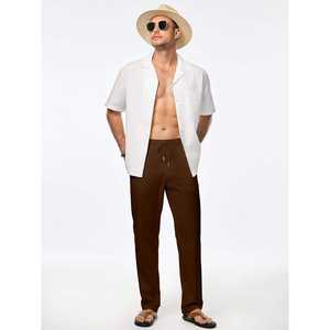 <b>Mens</b> Linen Casual Drawstring Pants Elastic Waist <b>Beach</b> <b>Trousers</b> with Pockets Colored Wash Pattern Summer Wear - Product Image 1