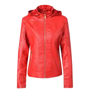Neue rote schwarze Hoodies Lederjacke Damen Herbst gewaschene Tunika PU-Jacke Plus Samt Reißverschluss Damen Wintermäntel Oberbekleidung