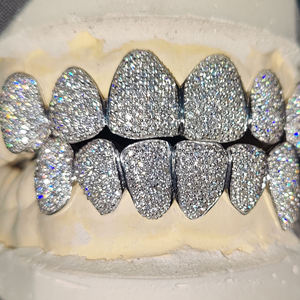Custom Fully Iced Out Silver Grillz Set with VVS1 Moissanite Diamonds for <b>Top</b> and Bottom Teeth Luxury Bling Grills - Product Image 1