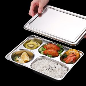 <span class=keywords><strong>Plateau</strong></span> à déjeuner en acier inoxydable 304 avec couvercle divisé assiette alimentaire à 5 compartiments pour cantine scolaire bureau <span class=keywords><strong>restaurant</strong></span> utilisation - Product Image 1