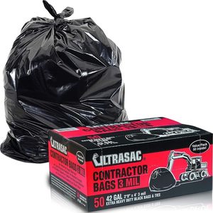 ถุงขยะอุตสาหกรรม Ultrasac ขนาด 42 แกลลอน สำหรับงานหนัก สีดำ หนา 3 มิล จำนวน 50 ใบ พร้อมเชือกผูก ขนาด 32.75 x 47 นิ้ว - Product Image 1