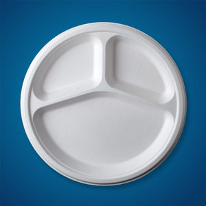 Plateau de repas jetable en bagasse 3 CP Plateau rond en bagasse de canne à sucre fabriqué en Inde pour les mariages de fête-Assiettes écologiques - Product Image 4