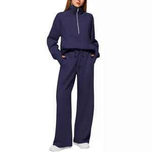 2025 été femmes deux pièces décontracté coupe régulière solide court Streetwear respirant Zip coton sweat large jambe pantalons de survêtement quotidien - Product Image 4