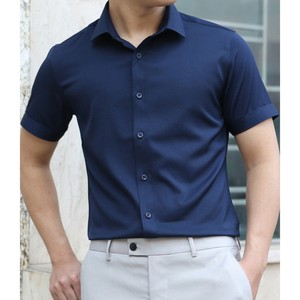Venta caliente-Camisa de vestir de negocios de diseño personalizado para hombres Algodón de cuello alto con mangas cortas Hilo teñido para uso de verano - Product Image 3