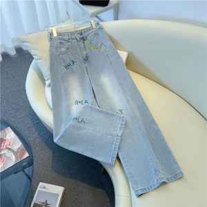 กางเกงยีนส์เอวสูงทรงขากว้างสำหรับผู้หญิง ผ้าเดนิมพิมพ์ลาย ย้อมเส้นด้าย ระบายอากาศได้ดี ผ้าฝ้ายลำลอง - Product Image 3