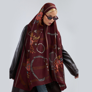 Elegant Long Casual Silk Wool Blend Shawl Hand Rolled Hem Luxury Equestrian Belt & Chain Motif Floral Accent Pashmina - Product Image 3