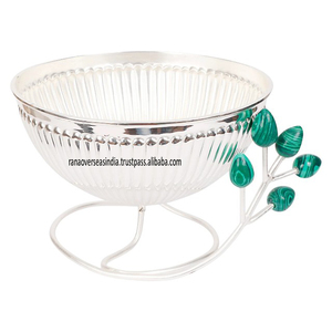 Nouveau bol rond en fil côtelé plaqué argent avec bourgeons en résine verte Pièce d'accent unique idéale pour mariage, fête et décoration intérieure - Product Image 6