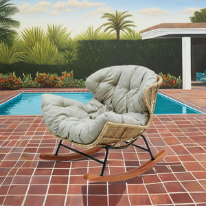 Chaise longue relaxante Benely avec coussin en tissu Kagawa, design moderne asiatique, chaise longue en rotin pour usage extérieur dans les villas et les hôtels - Product Image 1