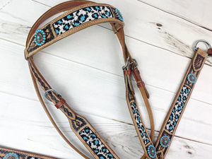 Juego de arreos de cuero repujado con cuentas de leopardo azul, cabezada y pechera para caballo estilo western, tallas completo/cob, equipo de equitación personalizado - Product Image 3