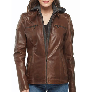 Chaqueta de cuero genuino de invierno hecha en Pakistán de la mejor calidad para mujer, cuello levantado a rayas de algodón transpirable de primera calidad, Color marrón - Product Image 1