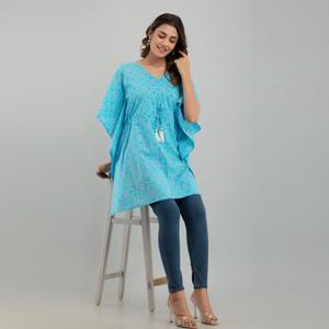 Vestido Kaftan de Algodón con Estampado Bandhani Azul Claro, Elegante, Casual, Hasta la Rodilla, Alta Calidad, ODM, para Usar en el Día, Club o Noche - SHKUP1233 - Product Image 6