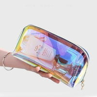 Pochette cosmétique holographique en PVC, transparente irisée, avec fermeture éclair, pour voyage, logo personnalisé, emballage cosmétique en gros