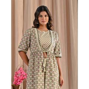 ชุดเซ็ตเสื้อคลุมไหล่ผ้าฝ้ายพิมพ์ลายสีเทา พร้อมกางเกงขาสั้น 2 ชิ้น สำหรับใส่ทุกวัน ไซส์ XS ตกแต่งด้วยลูกไม้ แขนสามส่วน เหมาะสำหรับฤดูร้อน - Product Image 1