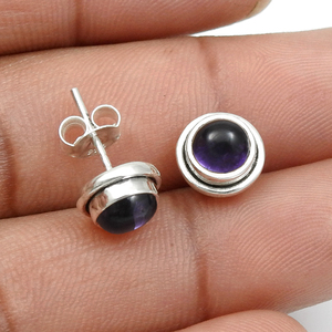 Piedra preciosa de amatista púrpura Natural, pendientes de tuerca de forma redonda de Plata de Ley 925, joyería hecha a mano Bohemia, fabricante al por mayor - Product Image 3