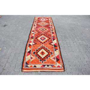 Alfombra Vintage Herki Runner de 2.9x11.2 pies (89x340 cm), Alfombra Turca Naranja del Suroeste - Product Image 1