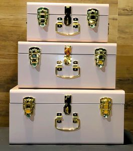 Vintage Pink Cube <b>Storage</b> Trunk | Heavy Duty Metal Camp Steamer <b>Box</b> with Brass Hardware | Decorative Bedroom Organizer Chest - Product Image 3