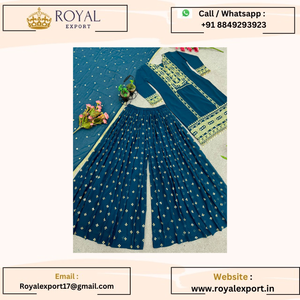 Faux Georgette lourde avec une séquence de broderie lourde avec un vrai travail de miroir et une bordure en dentelle fantaisie - Product Image 6