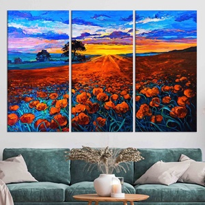 Toile imprimée : Décoration murale avec paysage de coucher de soleil sur champ de fleurs rouges, ensemble de 3 toiles - Product Image 1