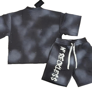 Vintage Mens Shorts Sets Coton 2 Piece Set Acid Washed Men Summer Set T-shirts Et Shorts - Product Image 3