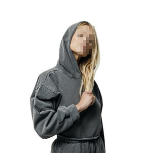 เสื้อฮู้ดดี้แบบสวมหัวมีฮู้ดสำหรับผู้หญิงเสื้อครอปแบบไขว้ด้านหน้าพิมพ์ลายลำลองทำจากหินแนววินเทจ350แกรมฝรั่งเศสเทอร์รี่ - Product Image 4