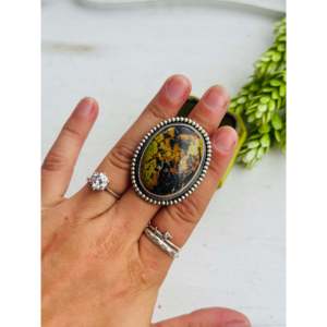 Navajo-Made Black Jack Turquoise & Sterling <b>Silver</b> <b>Ring</b> Vintage <b>Statement</b> Style Size 8.5 Rhodium Plated Everyday Wear - Product Image 2