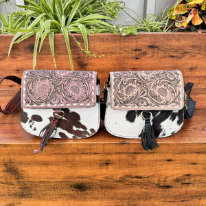 Bolso cruzado de cuero real para mujer, bolso con borlas de cuero de vaca para el pelo occidental, bolsos con patrón Floral en relieve - Product Image 4