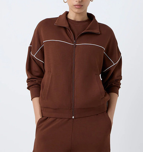 Ensemble de jogging 2 pièces en coton 100% avec logo personnalisé, très vendu, pour femmes, avec piping contrasté, survêtement de sport, fermeture éclair, sweat-shirts pour femmes - Product Image 1