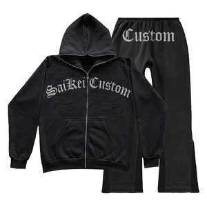 Sweat à capuche et pantalon de survêtement à fermeture éclair intégrale en éponge 100% coton imprimés avec logo OEM pour l'automne - Product Image 1