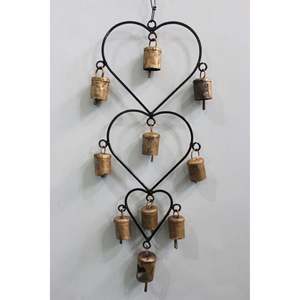 Handmade Recycled Iron Metal Crafts Vertical Pattern Wind <b>Chime</b> with Hearts and <b>Bells</b> - Product Image 2