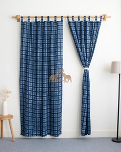 Hand Block Printed Handmade Gingham Check Window <b>Curtain</b> 100% Cotton Navy Blackout <b>Curtains</b> - Product Image 2