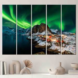 Impression sur toile Paysage Aurores Boréales - Décoration sur toile Lofoten, 5P : Prêt à accrocher - Product Image 1