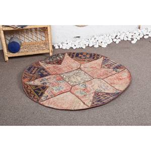 Tapis à poils moyens en laine ethnique turque vintage 3.4ft X 3.4ft rouge bleu Patchwork motif ovale Latex soutenu salle à manger - Product Image 2