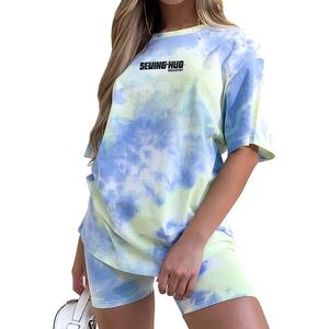 Venta al por mayor de chándal de verano con logotipo personalizado 2 conjunto de dos piezas de color sólido mujeres trajes de manga corta Camiseta Biker Shorts conjuntos - Product Image 5