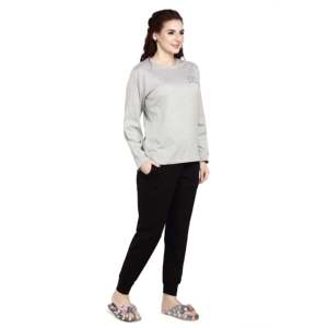 Evolove Women's Casual Full Sleeve Night <b>Suit</b> Grey Round Neck with Evolove Print Soft Knitted Fabric <b>Pajama</b> Set - Product Image 2