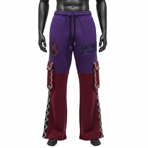 Pantalon en molleton premium 330GSM, coupe évasée, panneaux violet et marron, style élégant, broderie de logo personnalisée, plusieurs poches, pantalon pour homme lavé - Product Image 1