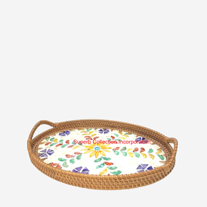 Plateau de canne en rotin de qualité supérieure avec mosaïque bleue incrustation de nacre plateau de service décoratif rond pour la décoration intérieure et les cadeaux - Product Image 2