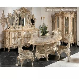 ชุดรับประทานอาหาร6ที่นั่งสไตล์ฝรั่งเศสแกะสลักแบบคู่เฟอร์นิเจอร์รับประทานอาหารไม้สัก - Product Image 1