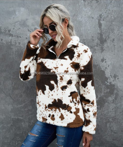Ladies 14 Sweatshirt Winter <b>Leopard</b> Casual Quarter Zipper Women Fluffy Fleece Sherpa Pullover - Product Image 2