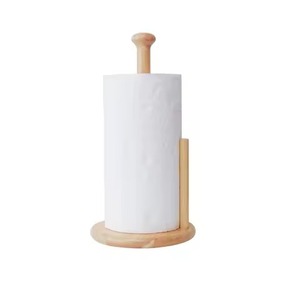 Toallero de papel Base grande Encimera de madera de color natural con base redonda de madera de goma Organizador de rollos de baño de cocina - Product Image 1