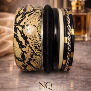 Premium Black Gold <b>Bangle</b> <b>Set</b> – Resin & Alloy Stack Bracelets with Rhinestones for Women, Trendy Fashion Jewelry Wholesale - Product Image 1