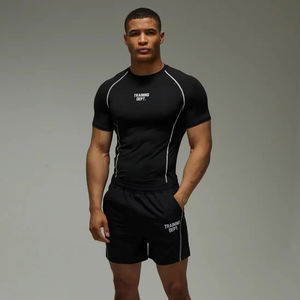 T-shirt de sport à manches courtes pour homme, noir, avec coutures contrastées, coupe ajustée, pour la gym et l'entraînement - Product Image 6