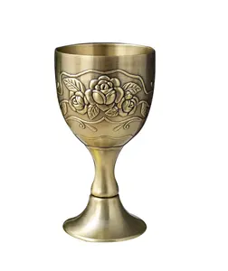 高脚杯圣杯1 oz小手工制作复古纯铜雕刻花卉图案金属压花利口酒杯