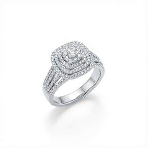 Élégante bague de fiançailles en argent sterling 925 avec double halo de diamants et tige fendue pour femme - Product Image 1