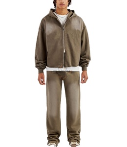 Chándal de algodón unisex vintage personalizado con cremallera completa, lavado ácido, talla grande, liso, con estampado de pedrería OEM 2026 - Product Image 3