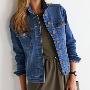 Veste en jean recadrée taille XL à la mode pour femmes Offre Spéciale vêtements d'extérieur à manches longues poches boutonné coton matelassé pour dames - Product Image 1