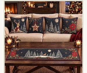 Modern Waterproof 100% Cotton Christmas Plaid <b>Table</b> <b>Runner</b> with Embroidery and Matching Pillows Set for Holiday Decor KE-R10 - Product Image 3